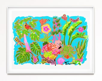 Pink Flamingo Garden Art Print, Summer Decor, Vintage Aesthetic, Nursery Decor, Large Wall Art, Kelly Tracht, Watercolor Print, Item #1J