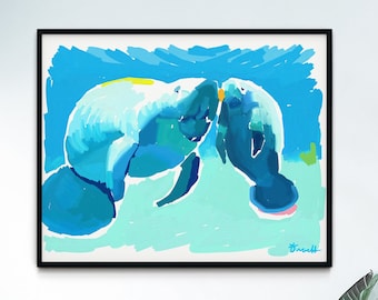 Blue Manatee Print, Watercolor Print by Kelly Tracht, Wall Art, Ocean, Nautical Decor, Animal Print, Giclee Print, Item #B11