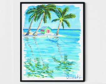 Tropical Island Art Print, Pink Cottage, Palm Trees, Boat, Item: ART 11