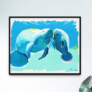 Blue Manatee Print, Watercolor Print by Kelly Tracht, Wall Art, Ocean, Nautical Decor, Animal Print, Giclee Print, Item #B11