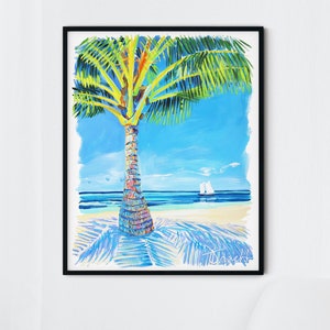 Coconut Palm Painting by Kelly Tracht, Seascape, Coastal, Sailboat Painting, Sandy Beach View, Art Print, Wall Art, Shoreline, Item #ART 8