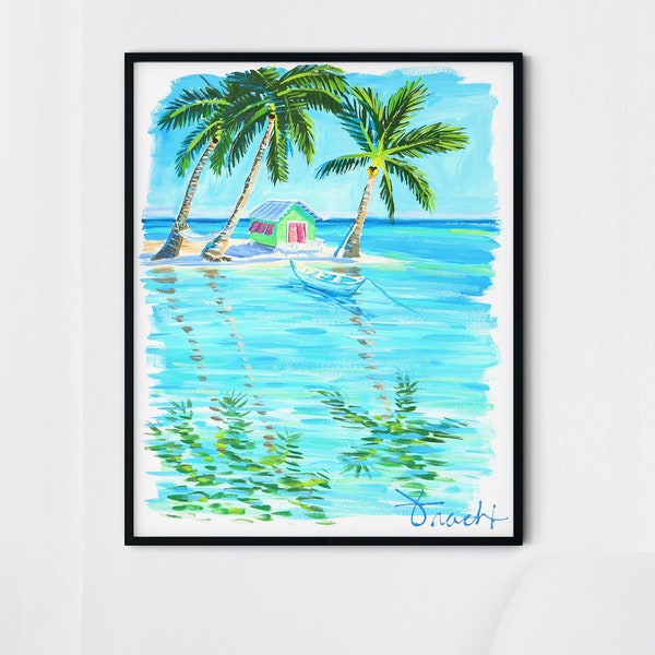 Lámina artística de isla tropical, cabaña rosa, palmeras, barco.