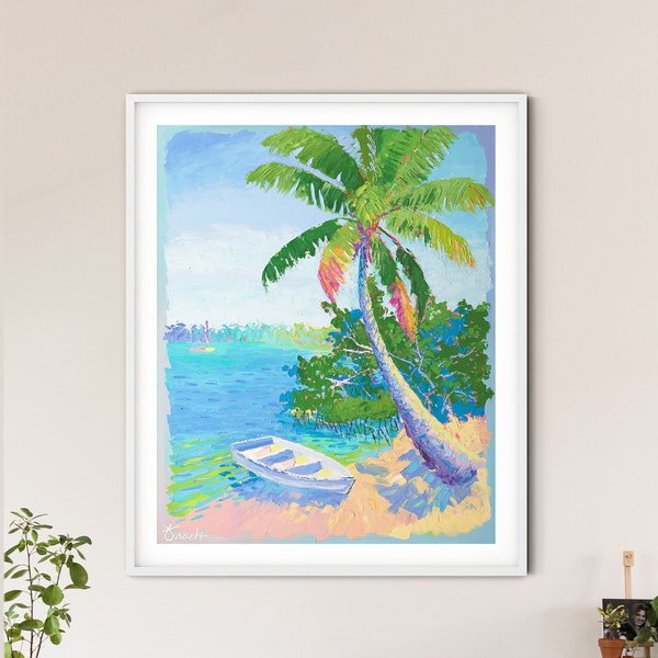 Tropical Beach Art Print, Palm Tree and Sailboat, Coastal Wall Decor, Item: T1-3