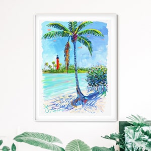 May include: A painting of a palm tree on a beach with a red lighthouse in the background. The painting is done in a bright, colorful style with blue, green, and white colors.