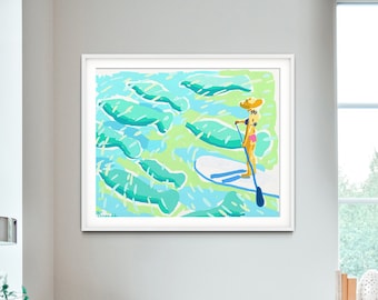 Manatees and Stand Up Paddle Boarder by Kelly Tracht, Girl on SUP w/ Pod of Florida Spring Water Manatees, Coastal Lifestyle Art Print, #1NN