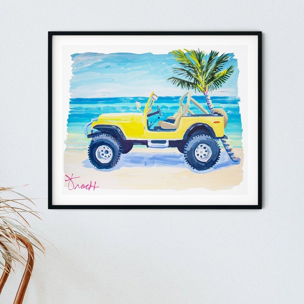 Yellow Convertible Renegade Jeep on Sandy Beach under Shady Palm Tree by Kelly Tracht, California Surf Culture 1970's Vintage Item: ART 16Y