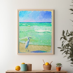 White Heron on Tropical Beach art print by Kelly Tracht, Ocean, Coastal, Wall Art, Sea, Art Decor, Nautical Decor, Palette Knife, #U1-4