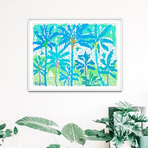 Blue Palms on Tropical Bay with Sailboats and Sea Turtles in Pastels by Kelly Tracht, Wall Art, Giclee Print, Abstract Art, Watercolor: #3KK
