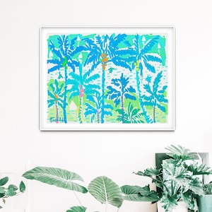 Blue Palms on Tropical Bay with Sailboats and Sea Turtles in Pastels by Kelly Tracht, Wall Art, Giclee Print, Abstract Art, Watercolor: #3KK