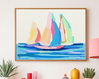 Colorful Sailboats Painting, Coastal Wall Art by Kelly Tracht, Item: H1-3