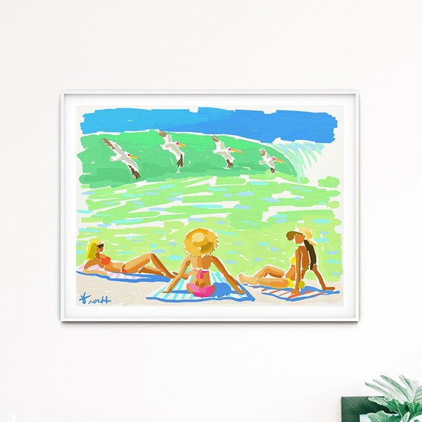 Surf Contest Art Print, Beach Scene, Coastal Nautical Decor, Item: 1LL