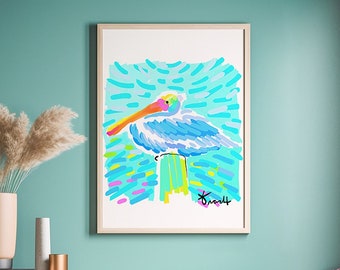 Island Pelican Art Print, Aqua Ocean Decor, Wall Art, Metal Wall Art, Canvas Print, Summer Decor, Nursery Decor, Large Wall Art, Item #4Q