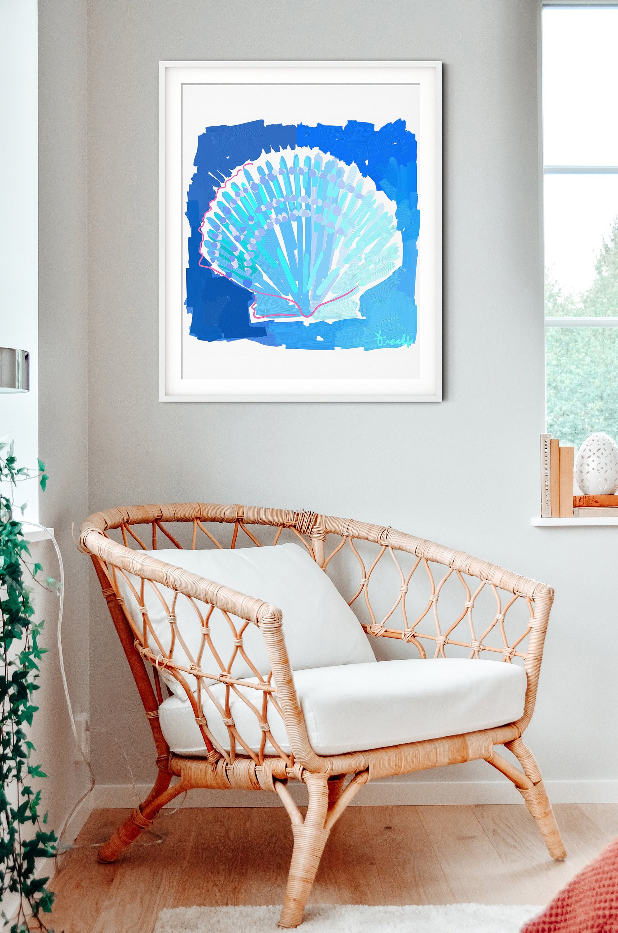 White and Light Blue Scallop Shell with Dark Blue Navy Background Art Print by Kelly Tracht, Canvas or Paper Available, Wall Art, Item:K1-4