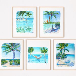 Tarjetas de felicitación variadas de 5 x 7, 5 tarjetas y 5 sobres, palmeras, hamaca de playa de Kelly Tracht, para enmarcar o escribir notas a mano, interior en blanco: G10