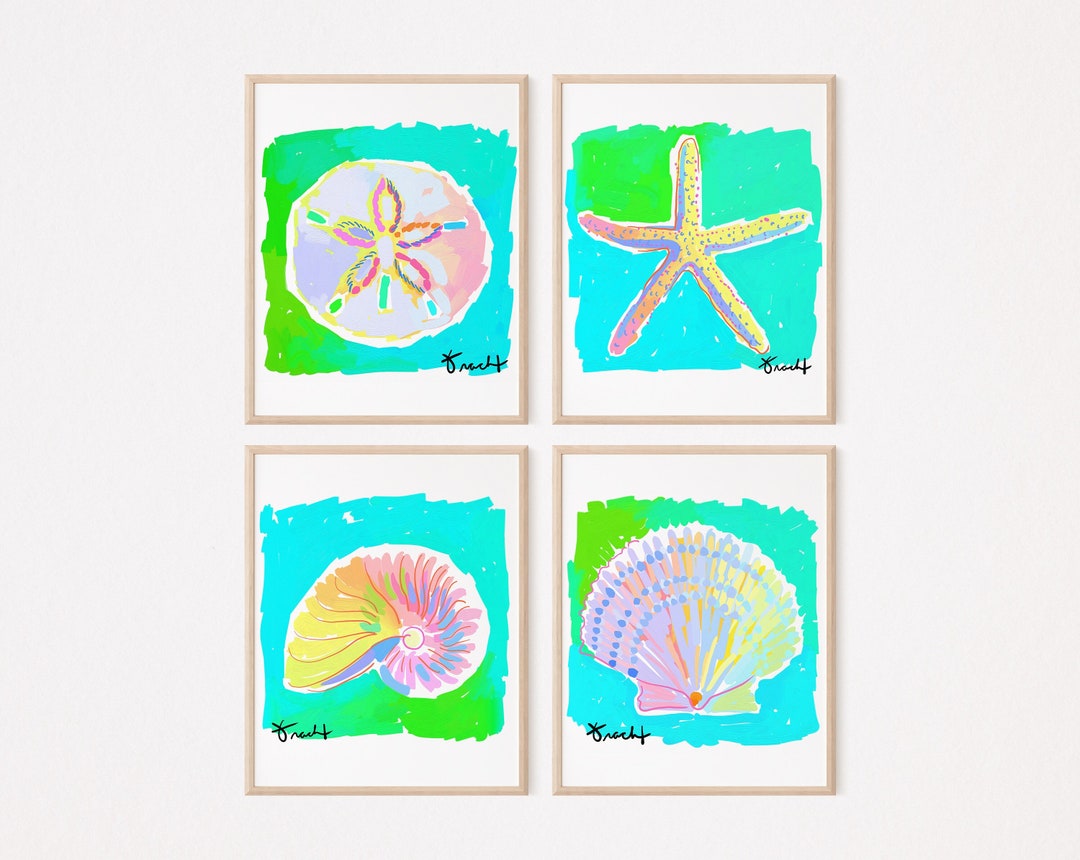 Shell Print Artist Set of 4 Shell Art Prints by Artist Kelly Tracht, Sand Dollar, Starfish ...