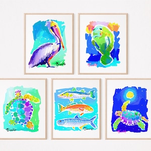 5x7 verschiedene Grußkarten, 5 Karten und 5 Umschläge, Fisch, Schildkröte, Pelikan von Kelly Tracht, zum Einrahmen handgeschriebener Notizen, innen leer: G2