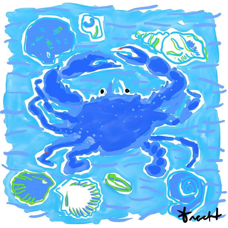 May include: A blue crab with white and green seashells, a white seashell, and a blue swirl on a light blue background with blue and white wavy lines.
