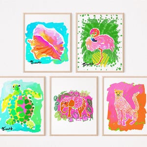 May include: Five framed art prints featuring colorful watercolor illustrations of a flower, flamingo, turtle, elephant, and cheetah. Each print has a white background and a wooden frame. The prints are signed with the name "Drecht".