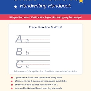 May include: A Grade 4 Cursive Handwriting Handbook with a blue and cream cover. The text reads: Grade 4 Cursive Handwriting Handbook, 5 Pages Per Letter, 130 Practice Pages, Photocopying Encouraged, Trace, Practice & Write, and Mr. J's Teacher Supply.