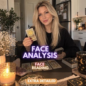 May include: A person holding a tarot card featuring a sun illustration, with several tarot cards laid out on a table. The text FACE ANALYSIS, FACE READING, and EXTRA DETAILED is overlaid on the image. A candle, crystals, and a deck of cards are present.