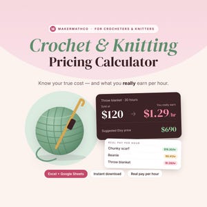 Foglio di calcolo per il calcolo dei prezzi all'uncinetto, calcolatore dei prezzi per la maglia, costo del filato al grammo, modello per la determinazione dei prezzi dei prodotti fatti a mano, Excel e Fogli Google