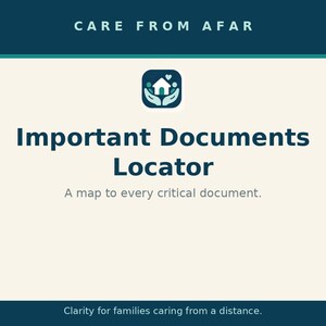 May include: A rectangular graphic with a dark blue header and footer and a cream center. The text reads CARE FROM AFAR, Important Documents Locator, A map to every critical document, and Clarity for families caring from a distance. A house icon.