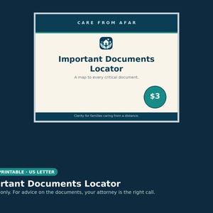May include: A two-page printable US letter document titled Important Documents Locator. The design features a dark blue and cream color scheme with the text Care From Afar, A map to every critical document, and Clarity for families caring from a distance.