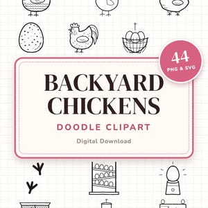 Conjunto de imágenes prediseñadas de gallinas dibujadas a mano, 44 ​​iconos de granja en blanco y negro (descarga digital)