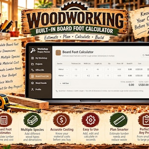 以下が含まれることがあります： Woodworking Built-In Board Foot Calculatorのソフトウェアインターフェースを表示するノートパソコン。画面には、樹種、厚さ、幅、長さ、数量、単価の入力フィールドと、合計コストの計算機能が表示されています。