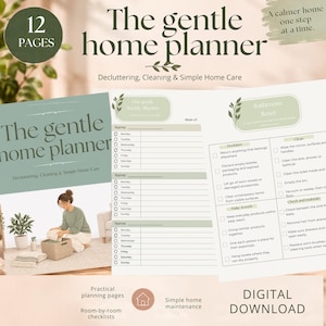 以下が含まれることがあります： 「The gentle home planner」と題された12ページのデジタルホームプランナー。整理整頓、掃除、簡単な家事のセクションが含まれています。文書には、週ごとのリズムトラッカーと、チェックボックス付きのバスルームリセットチェックリストが記載されています。