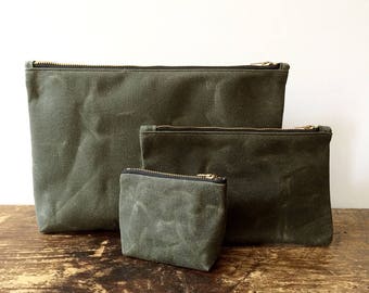 Dark Olive Utility Pouch Trio Set, Waxed Canvas Pouch with Brass Zipper, minimalist style utility canvas pouch, large zipper travel pouch