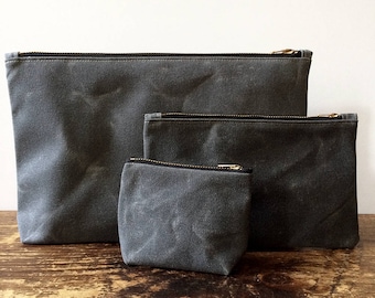 Gray Utility Pouch Trio Set, Waxed Canvas Pouch with Brass Zipper, minimalist style utility pouch, large zipper travel pouch, canvas pouch