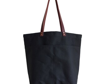 Waxed Canvas Bag with Leather handles and pockets, Black Large Everyday Waxed Canvas Tote, Minimalist Style Shopping Diaper Grocery Bag