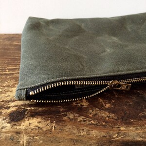 Dark Olive Waxed Canvas Pouch with Brass Zipper, minimalist style utility pouch, large zipper travel pouch, canvas pouch image 4