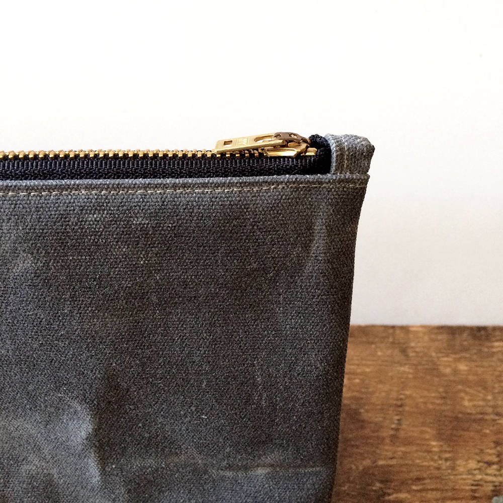 Gray Waxed Canvas Pouch With Brass Zipper Minimalist Style -  UK