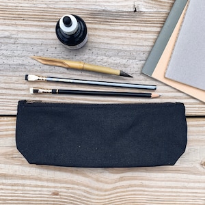 Black Slim Utility Waxed Canvas Zipper Pouch, Pen Pencil Pouch, Art Supply Bag