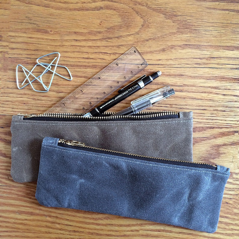 Chestnut Slim Waxed Canvas Zipper Pouch, Pen Pencil Pouch, Art Supply Bag image 3