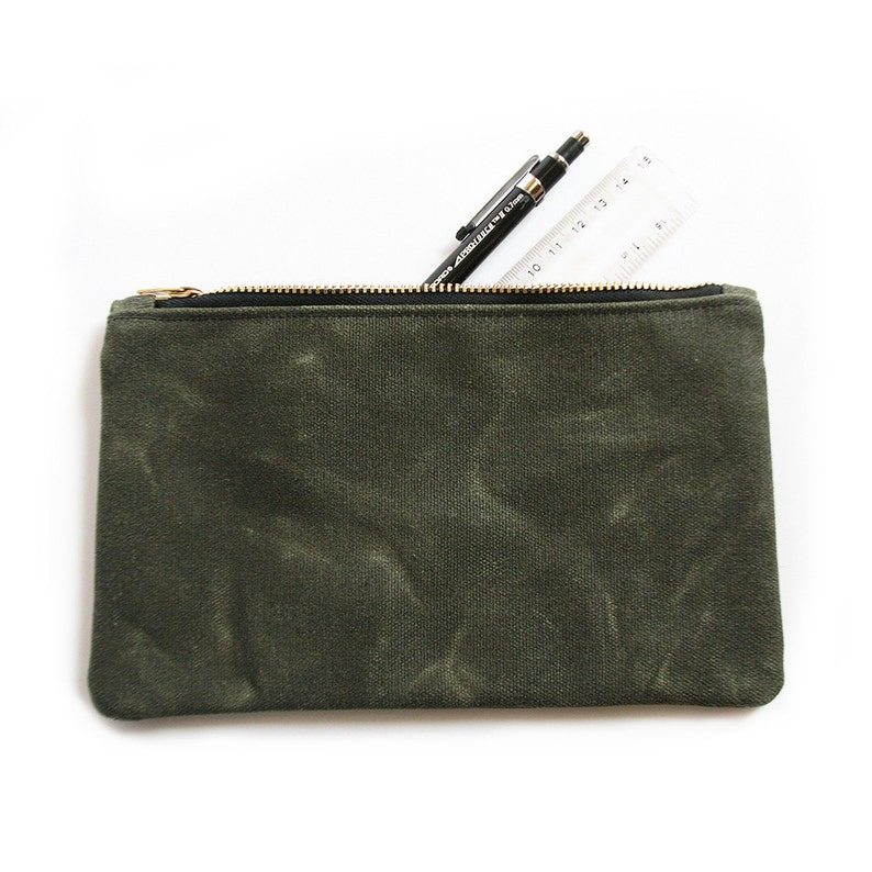 Dark Olive Waxed Canvas Pouch, Waxed Canvas, Zipper Pouch, Pencil Case
