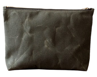 Dark Olive Waxed Canvas Pouch with Brass Zipper, minimalist style utility pouch, large zipper travel pouch, canvas pouch