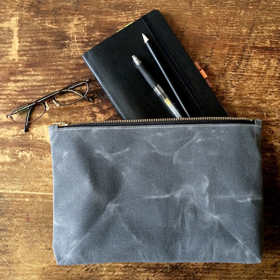 Gray Slim Waxed Canvas Zipper Pouch, Pen Pencil Pouch, Art Supply Bag 