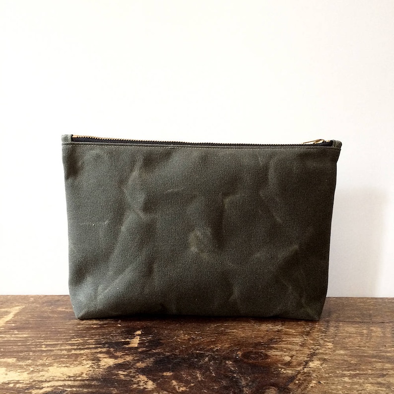 Dark Olive Waxed Canvas Pouch with Brass Zipper, minimalist style utility pouch, large zipper travel pouch, canvas pouch image 2