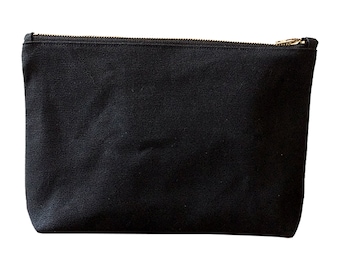 Black Waxed Canvas Pouch with Brass Zipper, minimalist style utility pouch, large zipper travel pouch, canvas pouch