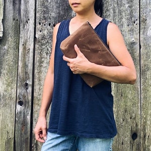 Chestnut Waxed Canvas Pouch with Brass Zipper, minimalist style utility pouch, large zipper travel pouch, canvas pouch