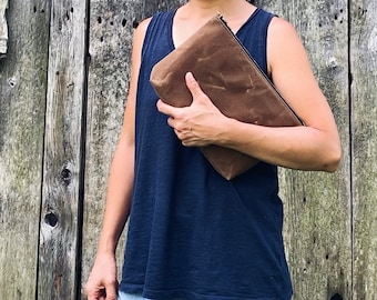 Bolsa de lona encerada color castaño con cremallera de latón, bolsa utilitaria de estilo minimalista, bolsa de viaje grande con cremallera, bolsa de lona