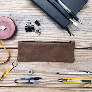 Chestnut Slim Waxed Canvas Zipper Pouch, Pen Pencil Pouch, Art Supply Bag image 1