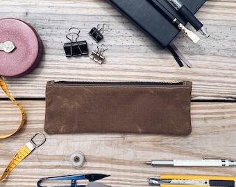 Estuche fino de lona encerada con cremallera, color castaño, para lápices y bolígrafos, para artículos de arte