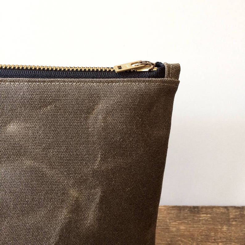 Brown Waxed Canvas Pouch With Brass Zipper, Minimalist Style Utility ...