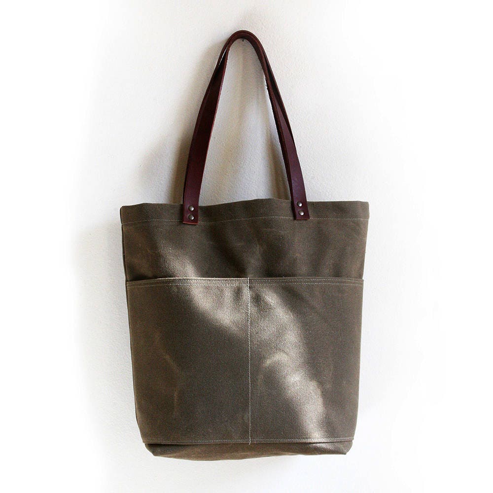 Bolso de lona encerado con asas y bolsillos de cuero tote de | Etsy