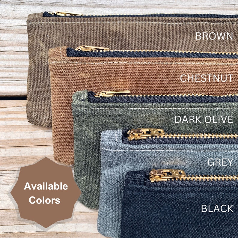 Chestnut Slim Waxed Canvas Zipper Pouch, Pen Pencil Pouch, Art Supply Bag image 4