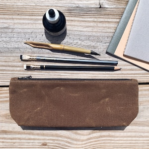 Chestnut Slim Utility Waxed Canvas Zipper Pouch, Pen Pencil Pouch, Art Supply Bag